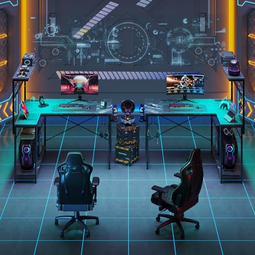 Bestier 42 L Gaming Desk,Computer Desk with Power Outlets, LED Lights, Reversible Corner Desk with 4-Tier Shelves,Cup Holder & Hook Carbon Fiber Black