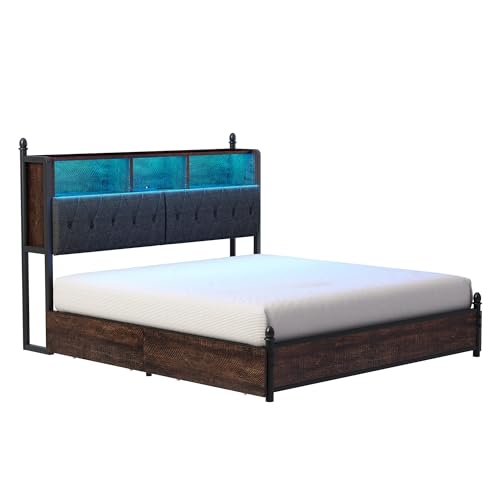 AMERLIFE Full Size Bed Frame with Bookcase Headboard, 4 Storage Drawers, Wooden Platform Bed with Charging Station & LED Light, No Box Spring Needed