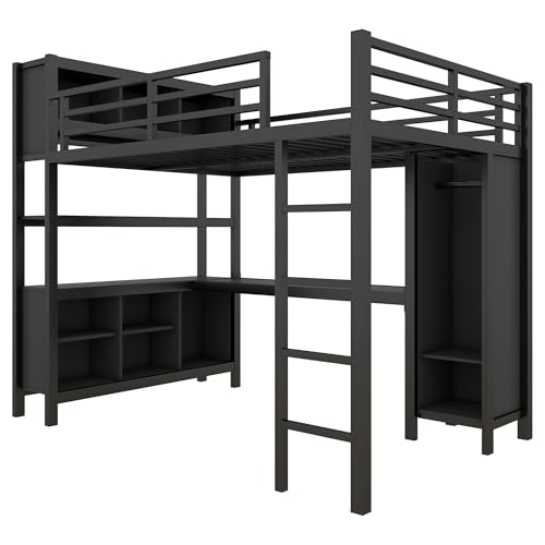Harper & Bright Designs Full Loft Bed with Desk, Metal Loft Beds with Storage Shelves, Desk, and Wardrobe, Heavy-Duty Loft Bed Frame for Kids, Teens