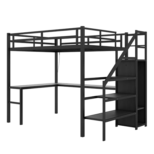 Bellemave Full Size Metal Loft Bed with L Shaped Desk and Wardrobe, Heavy Duty Loft Bed Frame with Storage Stairs