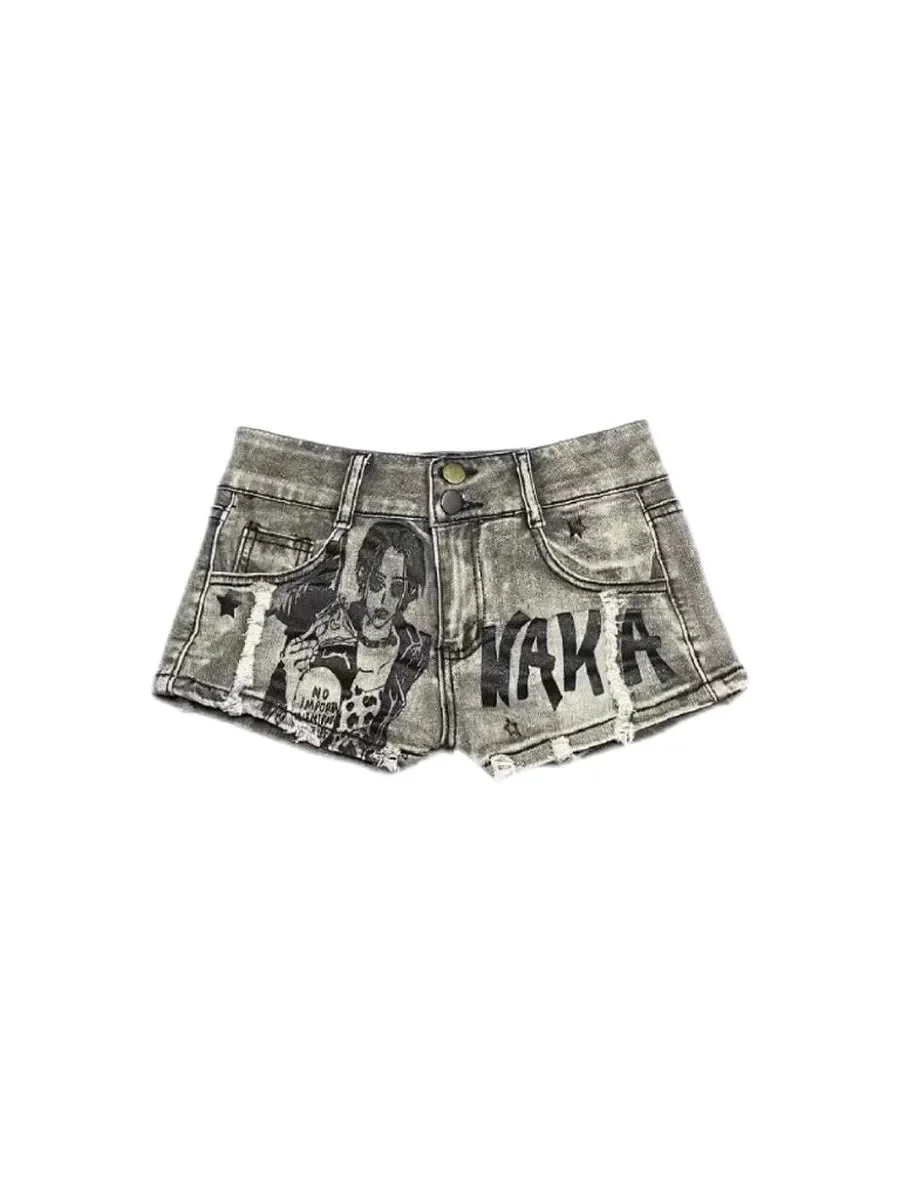 'Rock Girl' Punk Y2k Anime Girl Distressed Denim Shorts