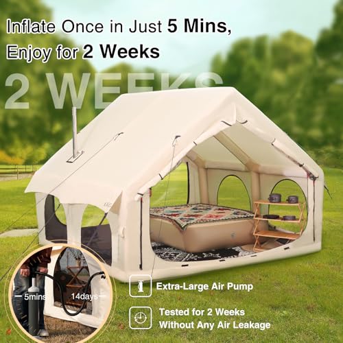 2025 Upgraded Waterproof Inflatable Camping Tent, Large Blow-Up Air Tent, No Assembly Needed Luxury Glamping House, Oxford Fabric