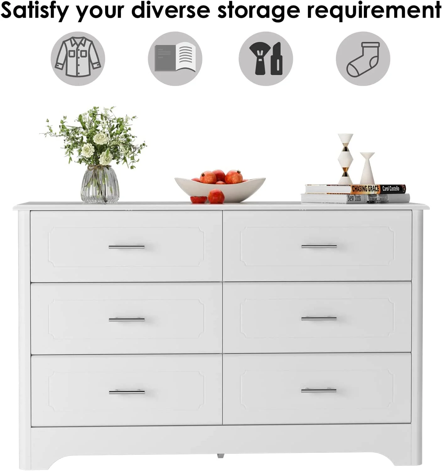 Drawer Dresser for Bedroom  Modern White Dressers  Wide Chest of Drawers with Metal Handels  Wood Storage Dresser Chest for Bedroom  Closet  Hallway