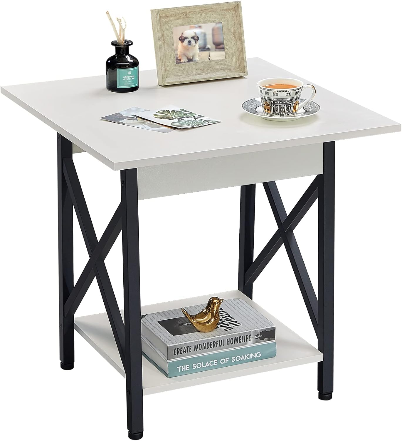 GreenForest End Table 24 inch Industrial Design Side Table with Storage Shelf for Living Room, Easy Assembly, Rustic Walnut Pack of 2