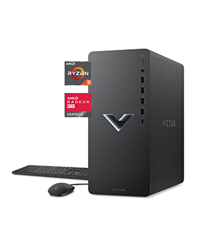 HP Victus 15L Gaming Desktop Computer Bundle PC, AMD Ryzen 3 Processor, 8 GB SDRAM, 256 GB SSD, Windows 11 Home OS, Surround Sound