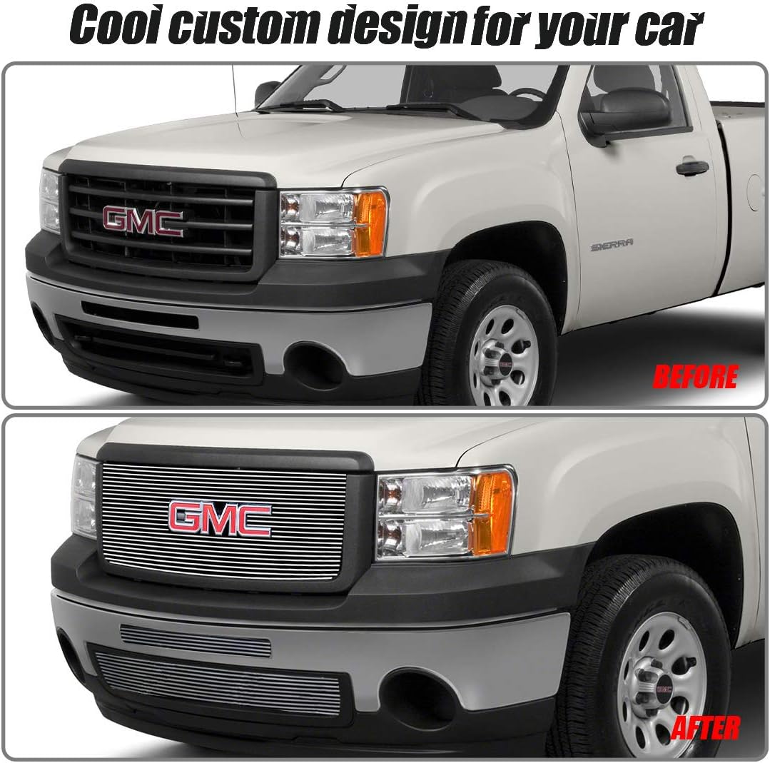 Front Chrome Grill Grille Fits 2007-2013 GMC Sierra 1500 New Body/07-10 Denali Billet Grille Grill Combo