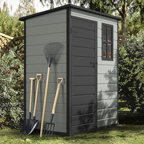 DWVO 5x3ft Resin Outdoor Storage Shed with Floor, Waterproof Lockable Storage Shed with Window, Plastic Outside Tool Storage for Garden, Backyard