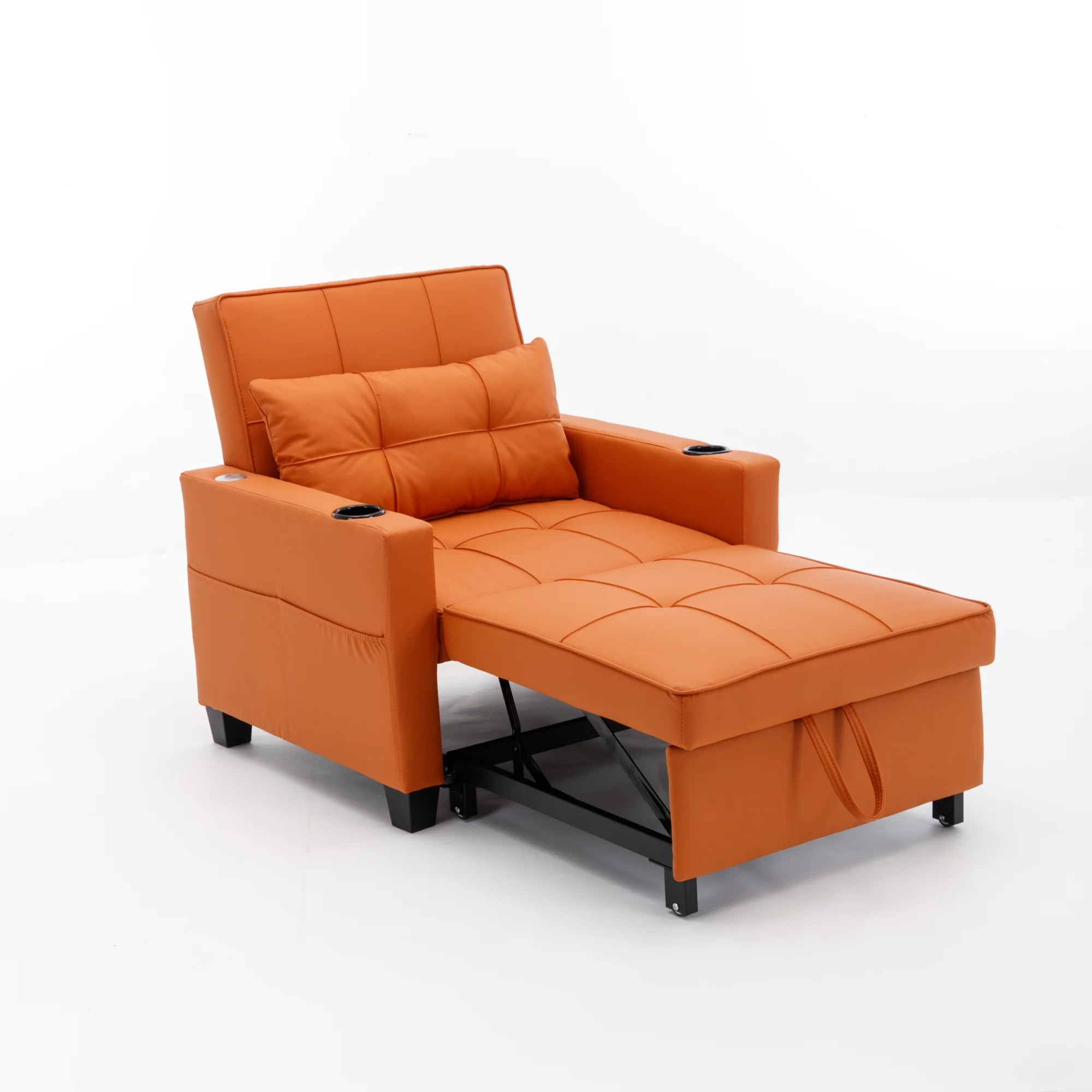 Futon Chair Bed Convertible Chair 3-in-1 Pull Out Sleeper Chair Beds with USB Ports, Armchair Bed Sleeper for Living Room (Orange Leather)