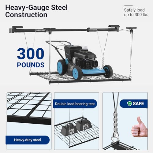 FLEXIMOUNTS GL1 Overhead Garage Lifting Storage Rack, 4x4 Ft Heavy-Duty Metal Garage Ceiling Rack, Adjustable Organization System With 71''