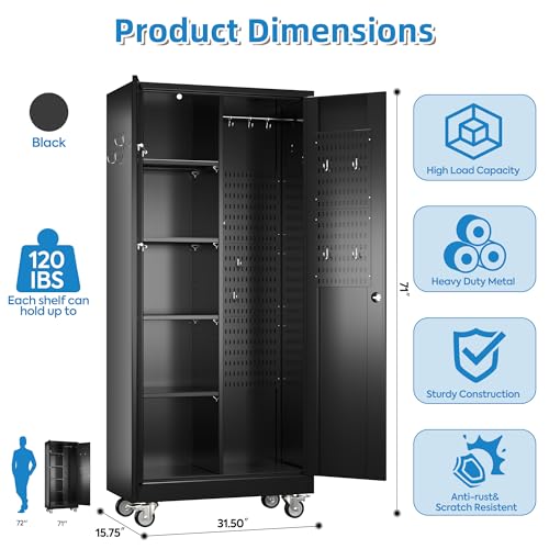 Garage Storage Cabinet with Wheels & Pegboard, 72" H Locking Metal Storage Cabinet with Doors and 4 Adjustable Shelves for Garage Workshop Home