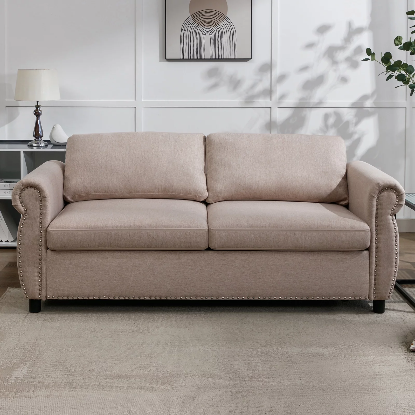 ZAFLY 2-in-1 Queen Size Pull Out Sofa Bed | Convertible Loveseat with Mattress | Sleeper Sofa Couch for Living Room/Apartment, Beige