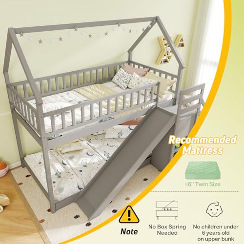 Giantex House Bunk Bed Twin Over Twin with Slide & Stairs, Wood Bunk Bed with Storage Shelves, No Box Spring Needed