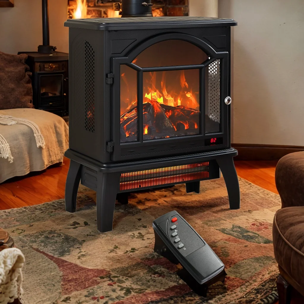 Efficient and Safe 3D Infrared Electric Stove 1500W Heater, 11 Temp Settings, Timer, and Realistic Flame Effect