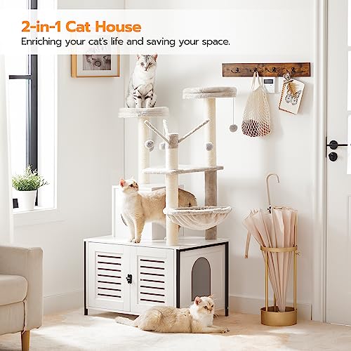 HOOBRO Cat Tree with Litter Box Enclosure, 27.6" L x 18.9" W x 52" H, All-in-One Wooden Cat Tower, Cat Furniture for Indoor Cats