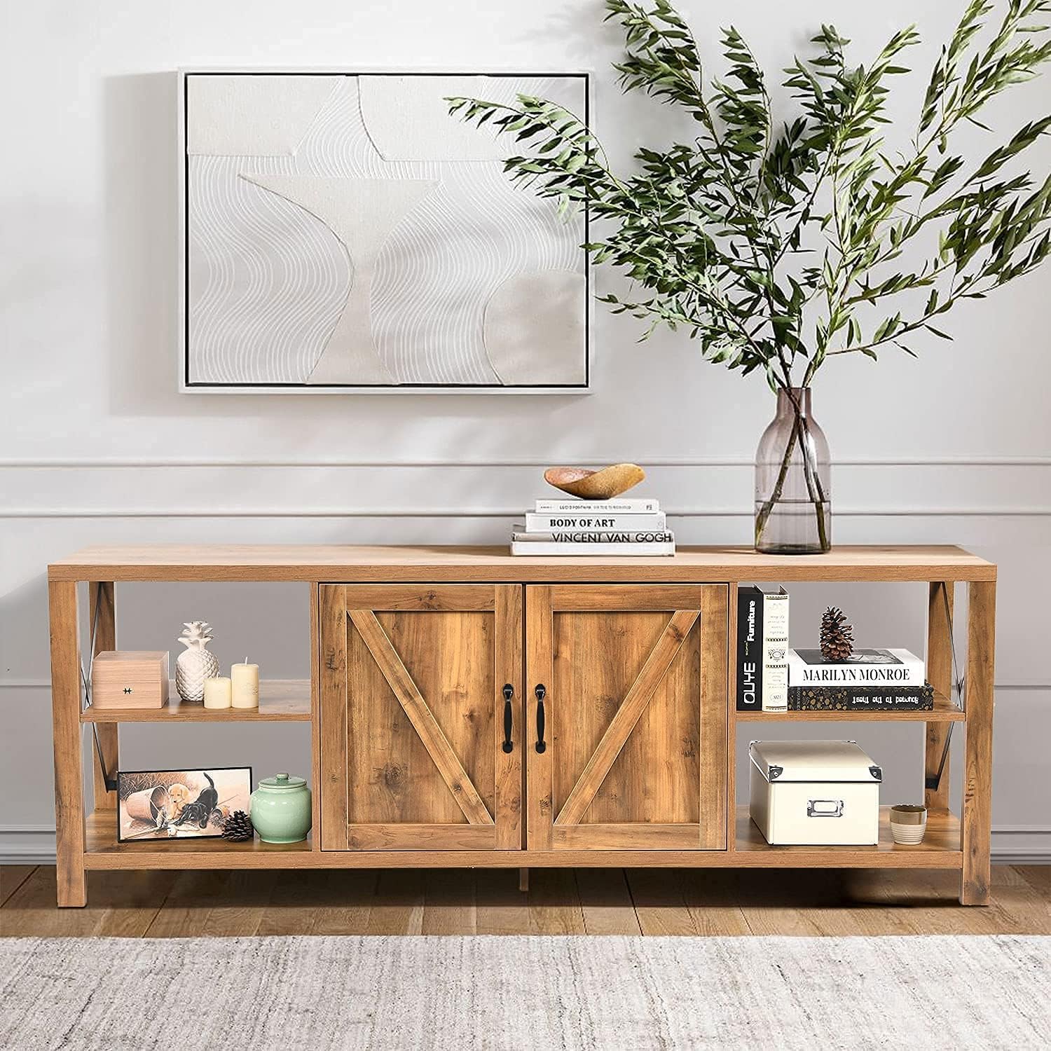 Farmhouse 68 TV Stand Barn Door Entertainment Center, Rustic Wood TV Console Table with Storage Cabinets and Shelves for TVs Up to 78, Rustic Oak