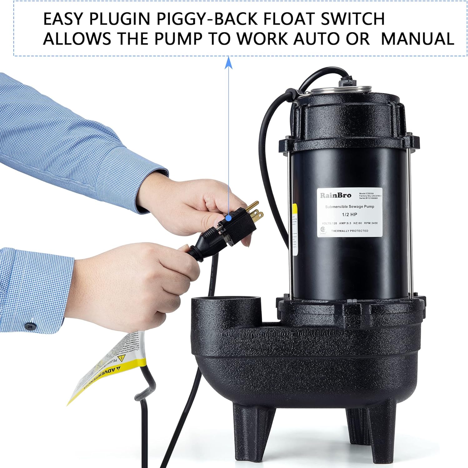 RainBro 1/2 HP Cast iron submersible sewage pump with 10 ft. piggy back tether float switch，Model# CSE050