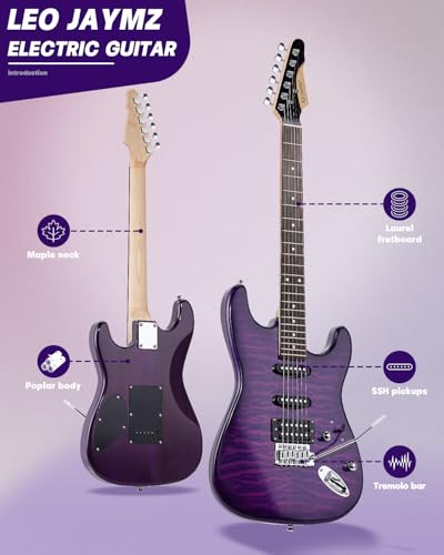 Leo Jaymz 39" Full Size ST Style Electric Guitar Starter Kit with SSH Pickup, 5W Portable Amp, Tuner, Gig Bag, Strap & Accessories (Violet Ocean)