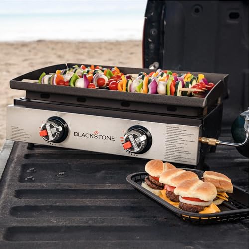 Blackstone 22" Omnivore Tabletop Outdoor Griddle Travel Bundle - Dual Stainless Steel H-Burners, 24,000 BTUs - Includes Propane Adapter and Soft Cover