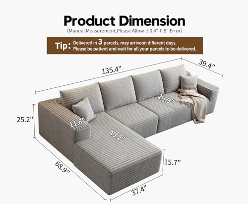 107.5" Cloud Modular Sectional Sofa with 1 Ottoman,Modern Minimalist Upholstered Couches, Comfort U Shaped Sofa for Living Room