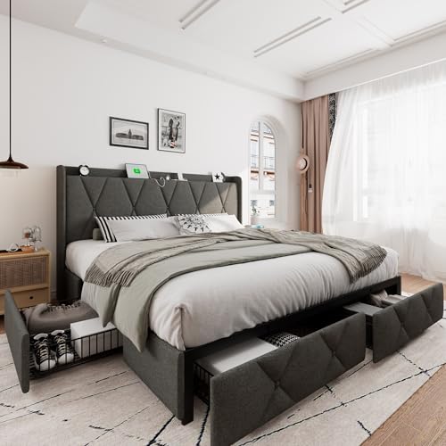 iPormis Queen Bed Frame with 4 Storage Drawers, Upholstered Platform Bed Frame with Charging Station, Modern Wingback Storage Headboard