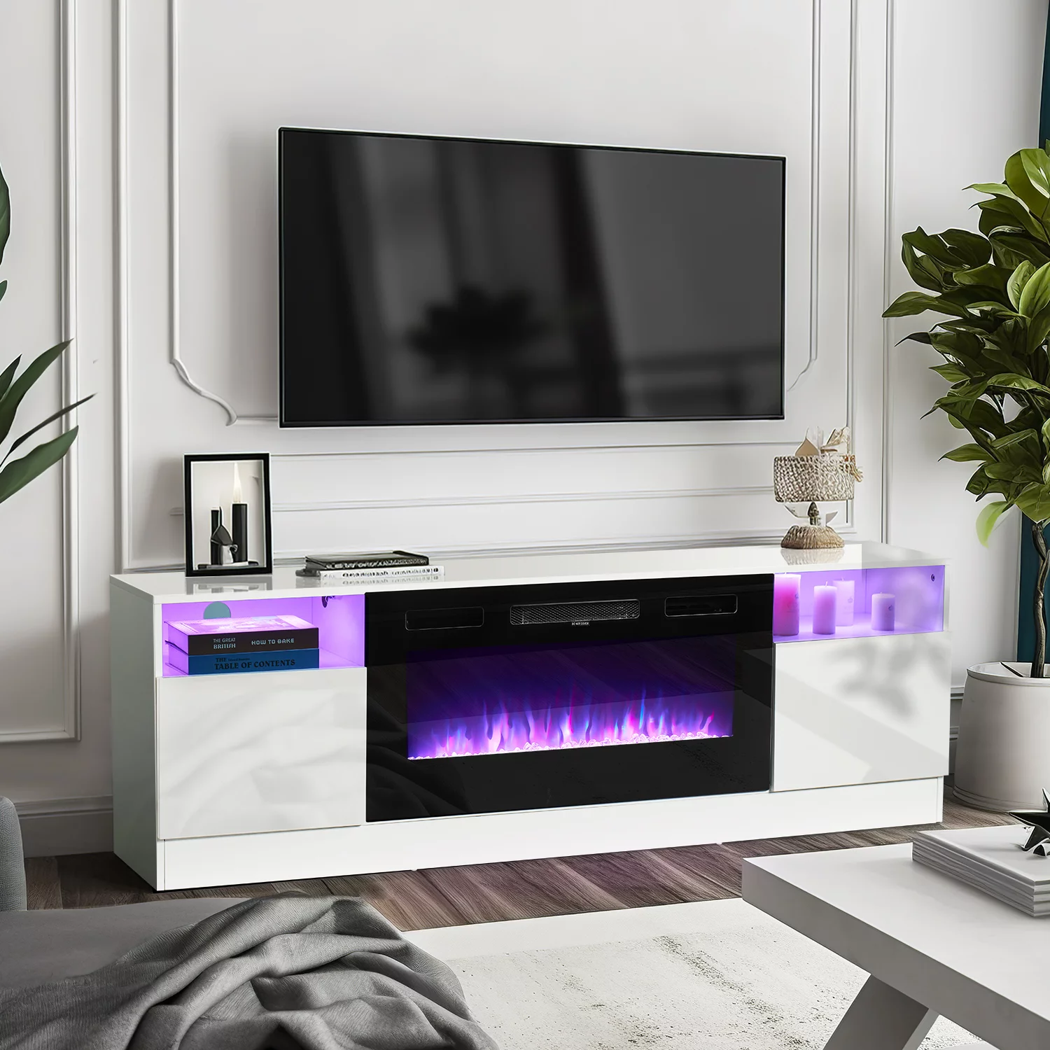 Oneinmil Fireplace TV Stand, Entertainment Center for TVs up to 80", 70” TV Stand with 36'' Electric Fireplace, LED Lights Entertainment Center