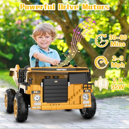 ANPABO Ride on Dump Truck, 12V Ride on Car with Remote Control, Electric Dump Bed and Extra Shovel, Ride on Construction Vehicle with Music Player