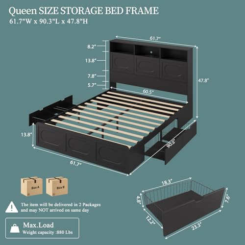 Queen Bed Frame with 47" Storage Headboard, Queen Size Wood Bed Frame with 4 Storage Drawers, Built-in Charging Station & LED, Solid Wood Slats