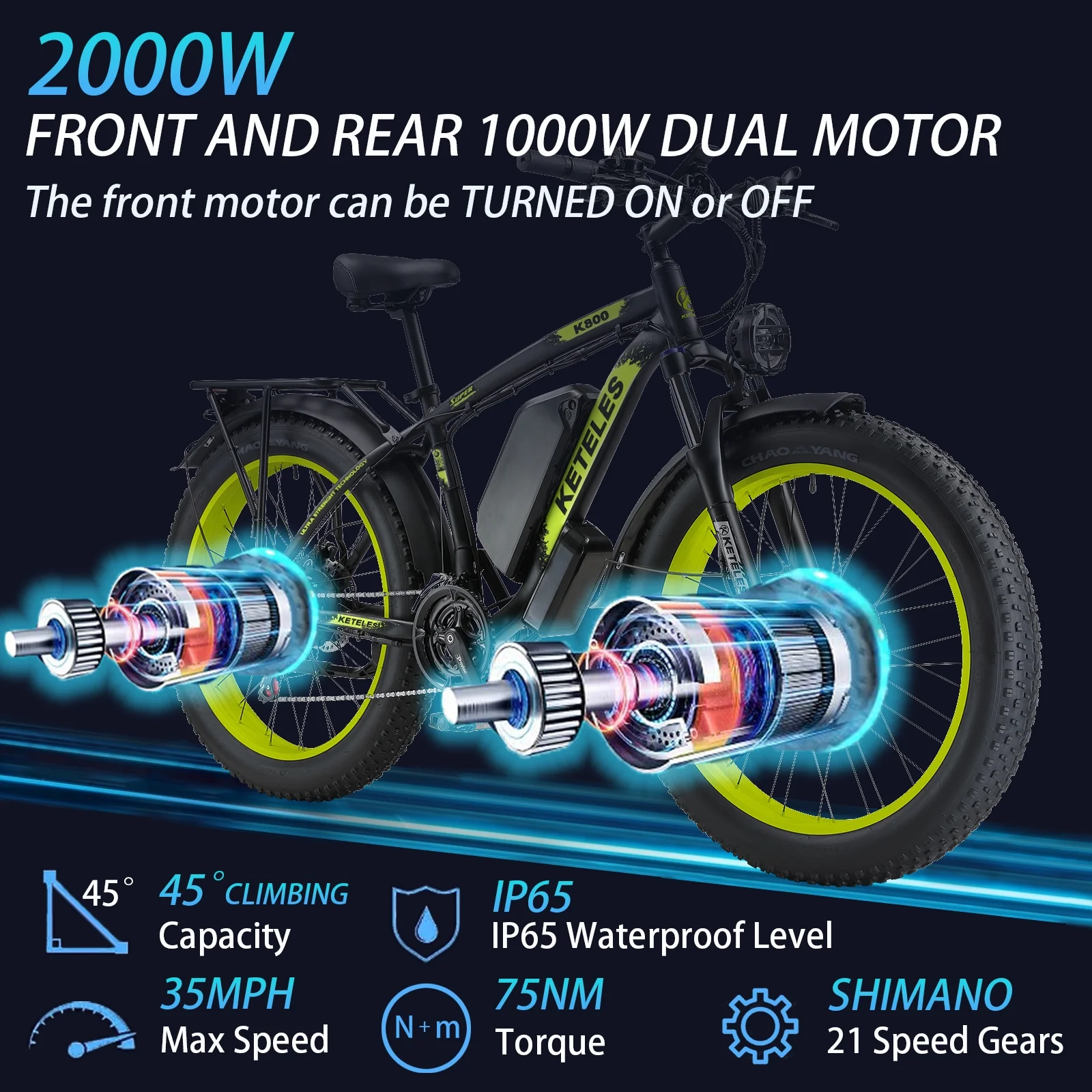 Electric Bike for Adults, 2000W 26” Fat Tire Electric Bike, 35MPH AWD Dual Motor Electric Bicycles