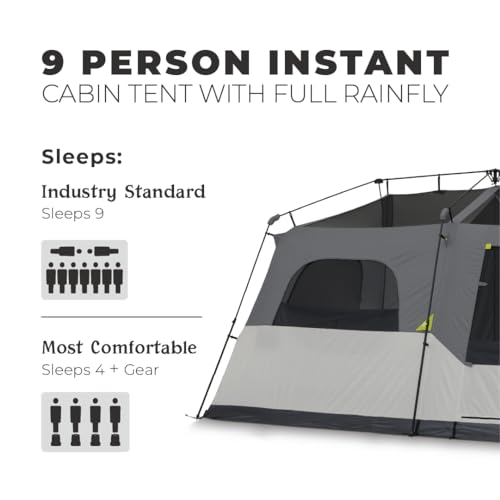 CORE Instant Cabin Tents | 6 Person / 9 Person / 10 Person / 12 Person Family Cabin Multi Room Pop Up Tents Car Camping | Included Storage Pockets