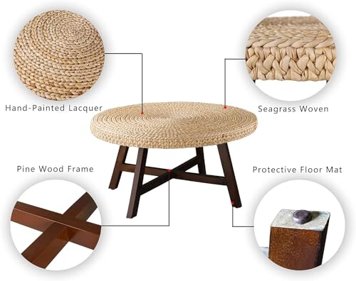 RANDEFURN Coffee Table Round, Seagrass Coffee Tables,Pine Wood X Base Frame Cocktail Table, Easy Assembled, Multiple Sizes for Living Room