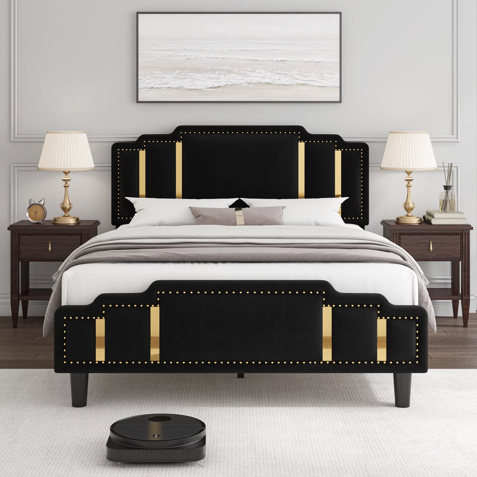 Homfa Queen Bed Frame, Luxury Velvet Upholstered Headboard with Golden Iron Sheet & Rivets, Platform Bed with Adjustable Headboard, Black