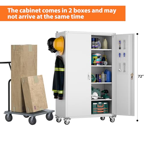 71" Metal Storage Cabinet with Wheels and Pegboard, Lockable Rolling Steel Storage Cabinet with 5 Adjustable Shelves and Door for Garage, Office