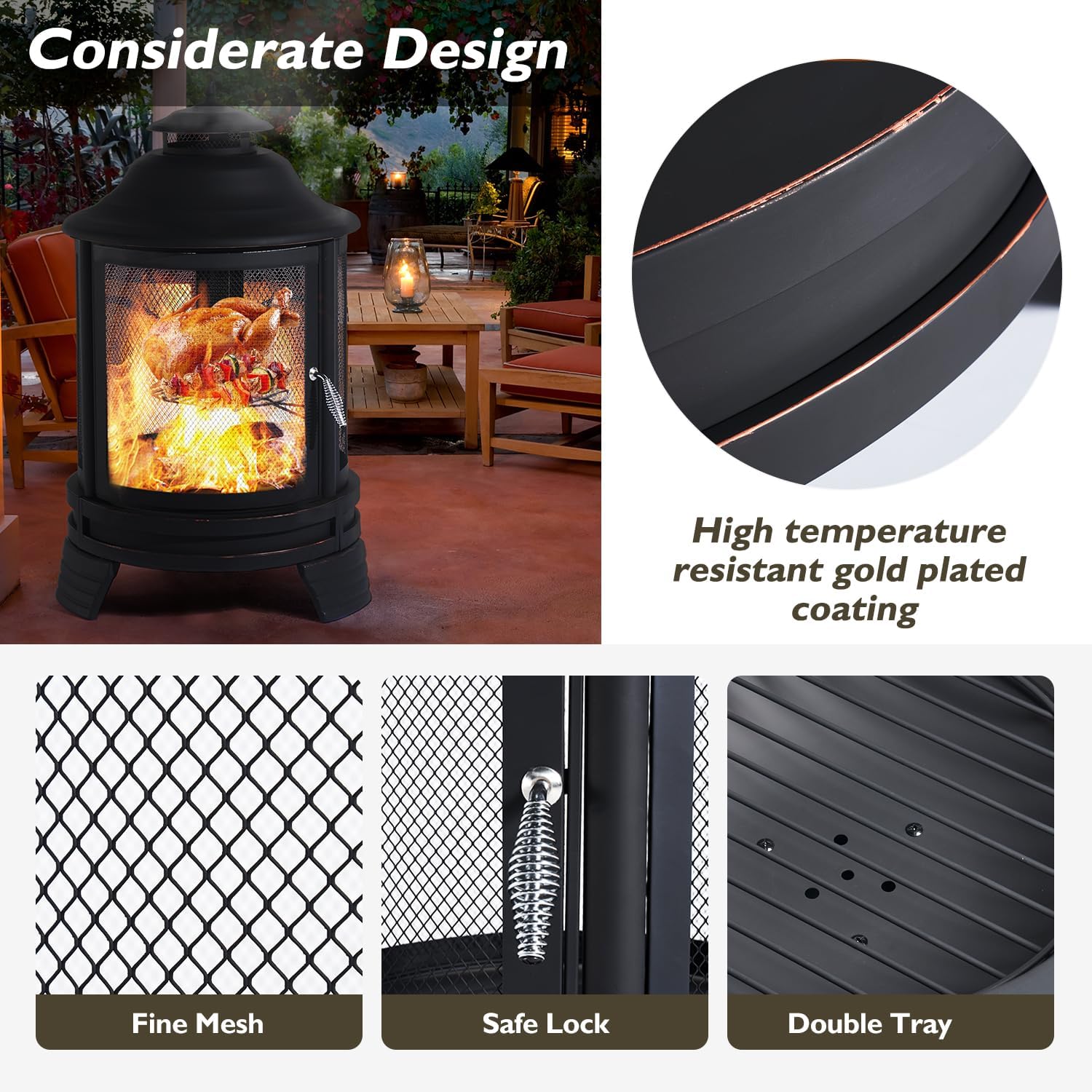 Fire Pit Chiminea, 2 in 1 Fire Pit for Outdoor, 28'' x 45'' Large Chiminea Fireplace with Mesh Spark Screen Doors
