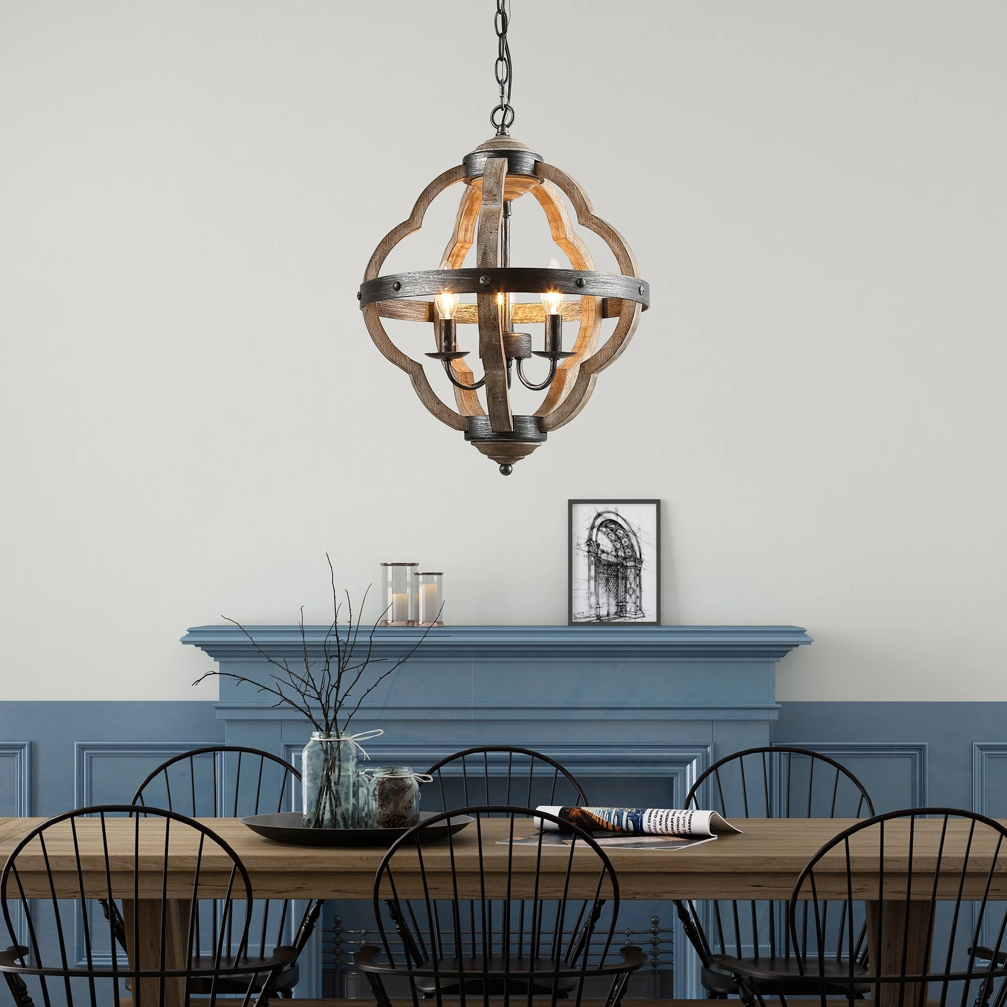 LNC Farmhouse 3-Light Wood Lantern Chandelier for Kitchen Island Dining Room W15" x H19" Distressed, Aged, Painted