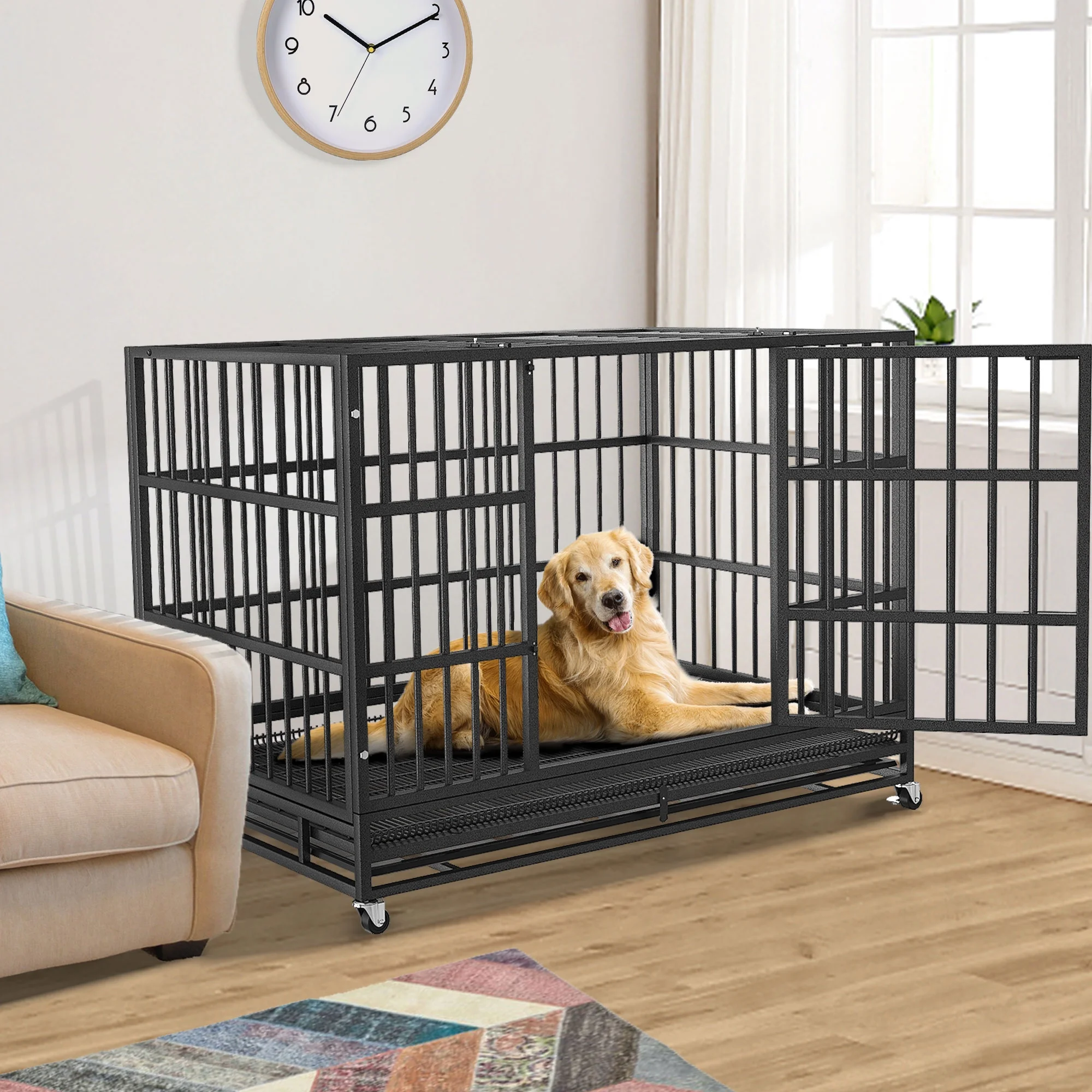 Boldbone 48/38 inch Heavy Duty Indestructible Dog Crate Cage Kennel for Large Dogs, High Anxiety Dog Crate with Removable Crate Trays