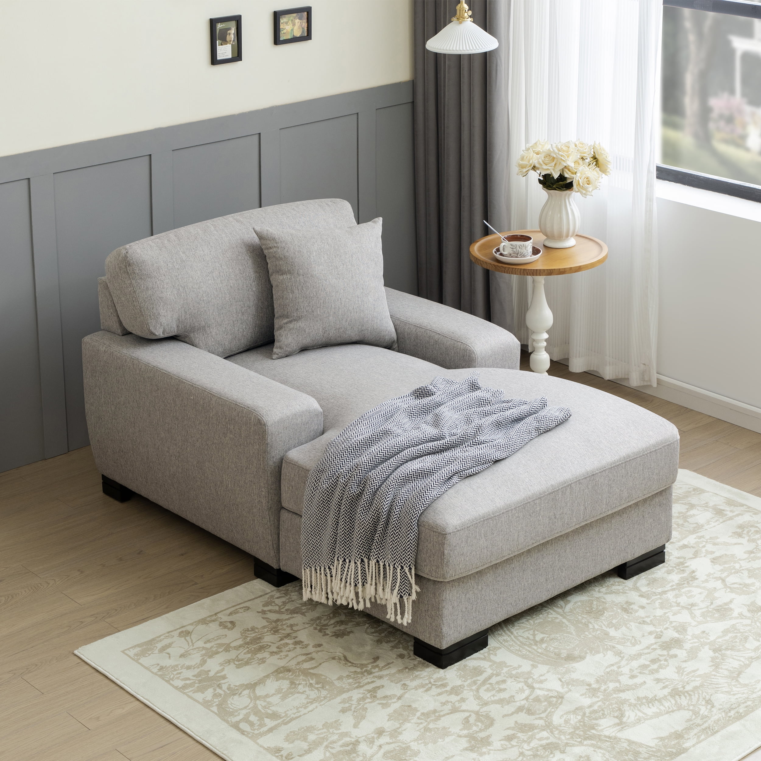 EUROCO 37.4"W Modern Mid-Century Indoor Oversized Chaise Lounger Comfort Sleeper Sofa with Pillow and Soild Wood Legs, Velvet,Gray