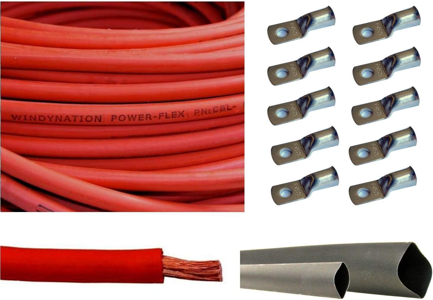 WNI 4/0 AWG 4/0 Gauge 10 Feet Black + 10 Feet Red Battery Welding Pure Copper Ultra Flexible Cable + 5pcs of 5/16" & 5pcs 3/8" Copper Cable Lug