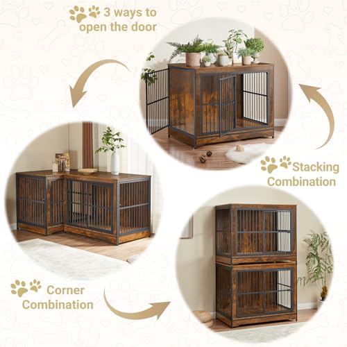 Rovibek 86" Stackable Dog Kennel Furniture with Removable Divider & 3 Doors, Double Dog Crates Furniture for 2 Dogs, Corner Dog Crate Furniture
