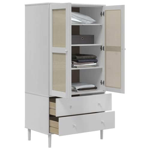vidaXL Solid Pine Wood Wardrobe - White, Rattan Look Design, Spacious Drawers and Compartments, UV Varnish Finish