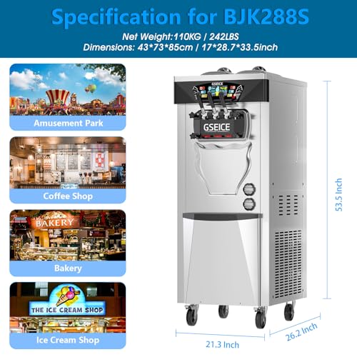 GSEICE Commercial Ice Cream Maker Machine, 2+1 Flavors Soft Serve Machine w/Two Hoppers Cylinders Puffing Pre-Cooling & Frequency Conversion