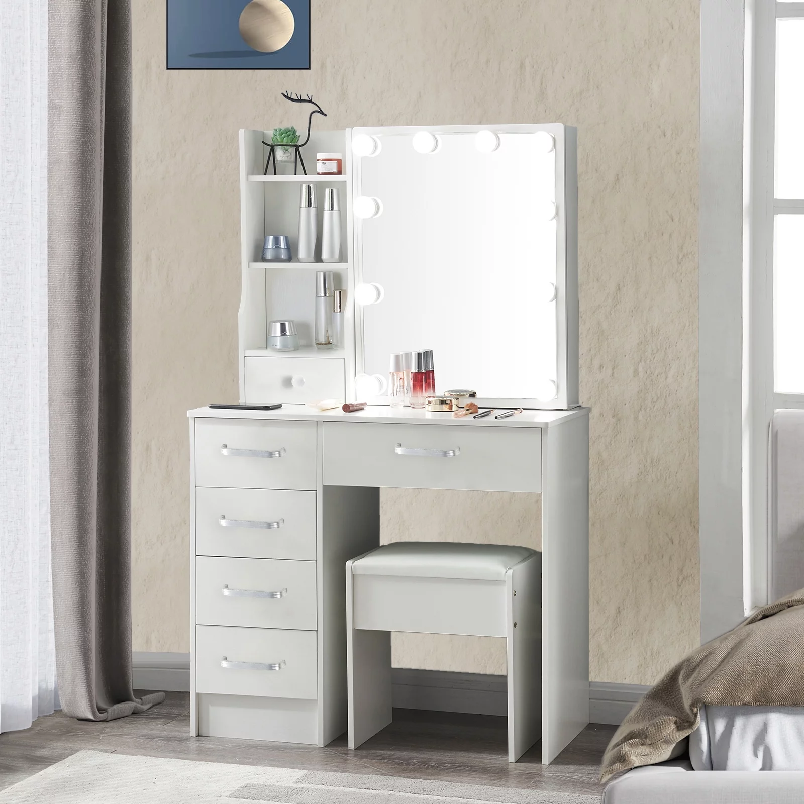 Yamissi Modern Vanity Desk for Bedroom, Makeup Vanity with LED Lighted Sliding Mirror and Stool, Vanity Table with Storage Shelves and Drawers, White