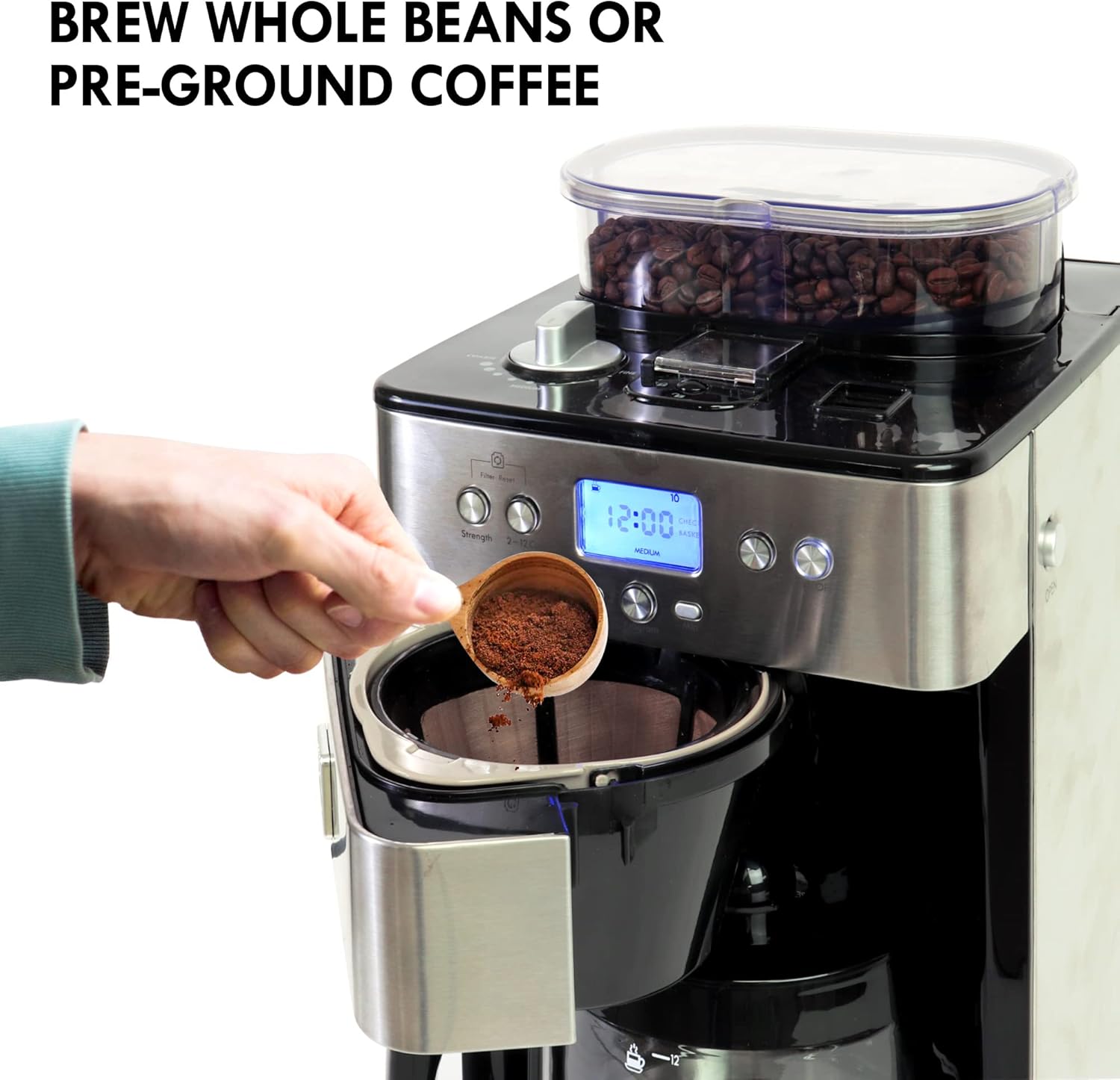 Kenmore Elite Grind and Brew Coffee Maker w/ Burr Grinder, 12 Cup Programmable Automatic Timer Brew Coffee Machine, Air-Tight Bean Hopper