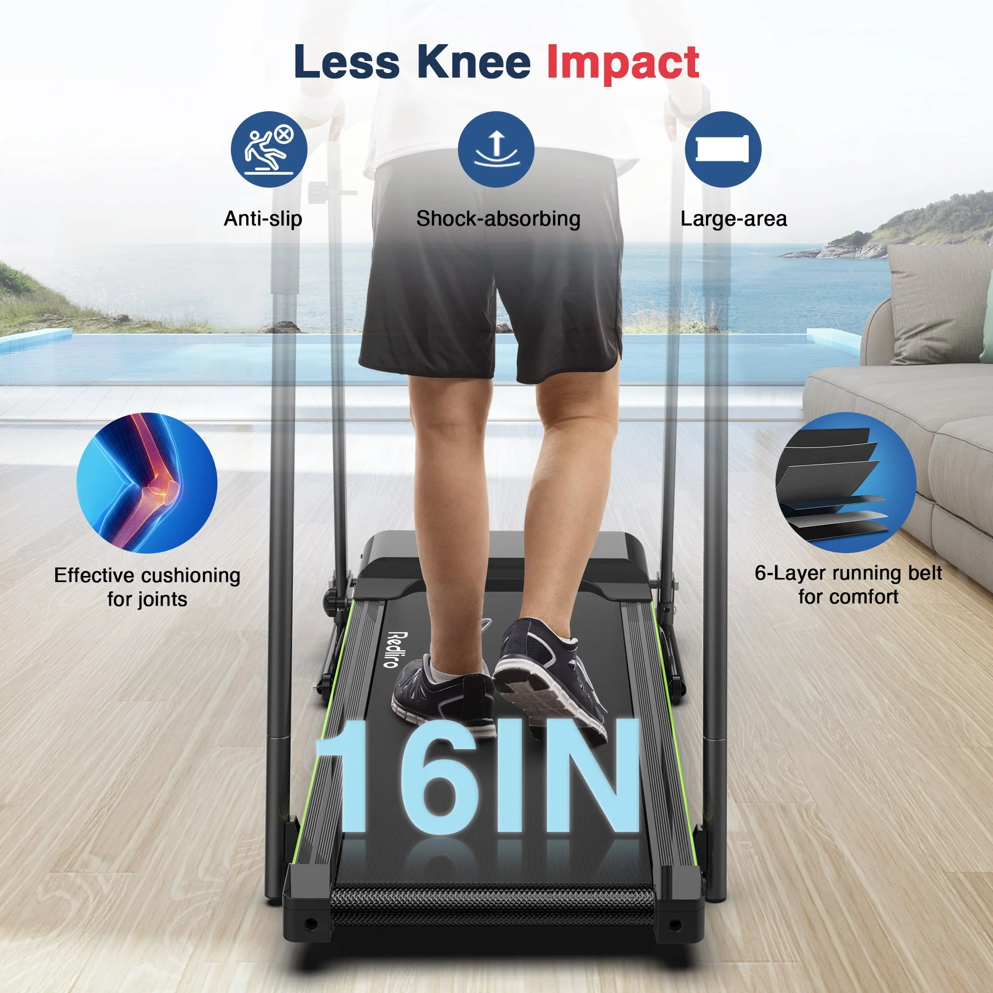 Redliro Folding Treadmill Walking Machine Heart Rate Sensor Handrails for Senior Recovery Home 2.25HP 300lbs