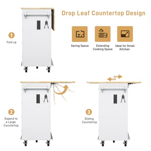 55" Movable Kitchen Island with Drop Leaf and Power Outlet, Rolling Island Cart w/Storage Cabinet, Island Table on Wheels for Kitchen w/2 Drawers
