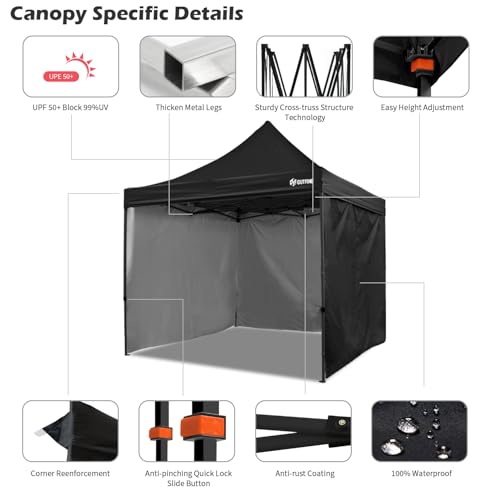 OUTFINE Heavy Duty Canopy 10x10 Pop Up Commercial Canopy Tent with 3 Side Walls Instant Shade, Bonus Upgrade Roller Bag, 4 Weight Bags