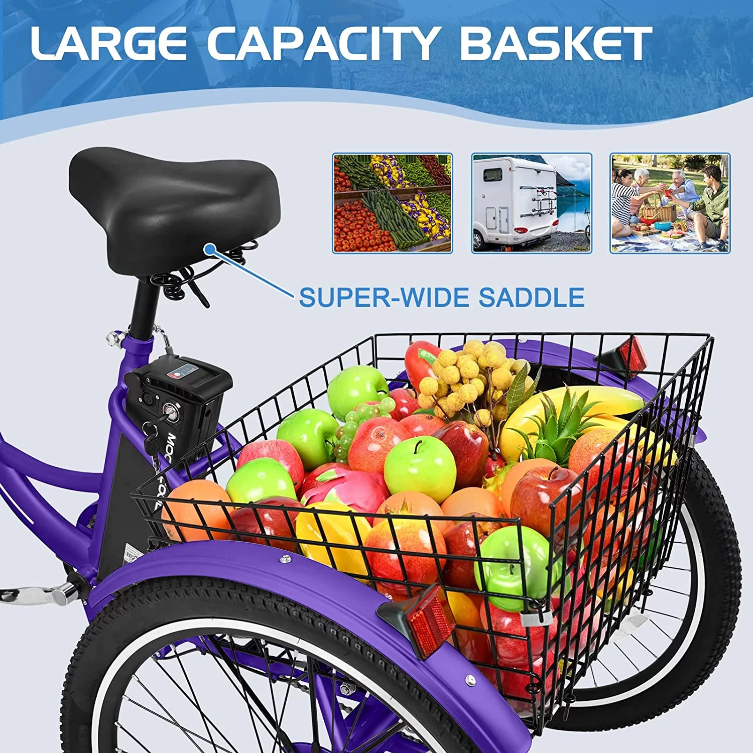 MOONCOOL 350W Motorized Electric Trike, 7 Speed 3 Wheel Electric Bicycle with 36V 14.5Ah Lithium Battery UL Certified