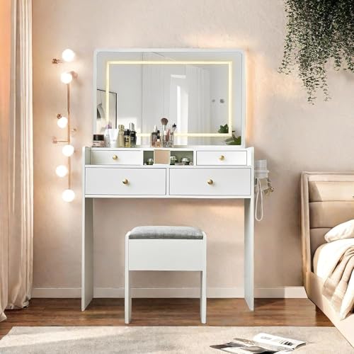 Vanity Desk with Mirror and Lights, Makeup Vanity Table with Drawers, Storage Stool