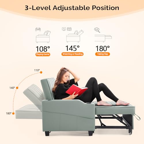 VINGLI Light Green Futon Sofa Bed Convertible Loveseat Sleeper Couch, Faux Leather Pullout Sofa Fold Out Couch Bed with USB Ports, Cup Holders