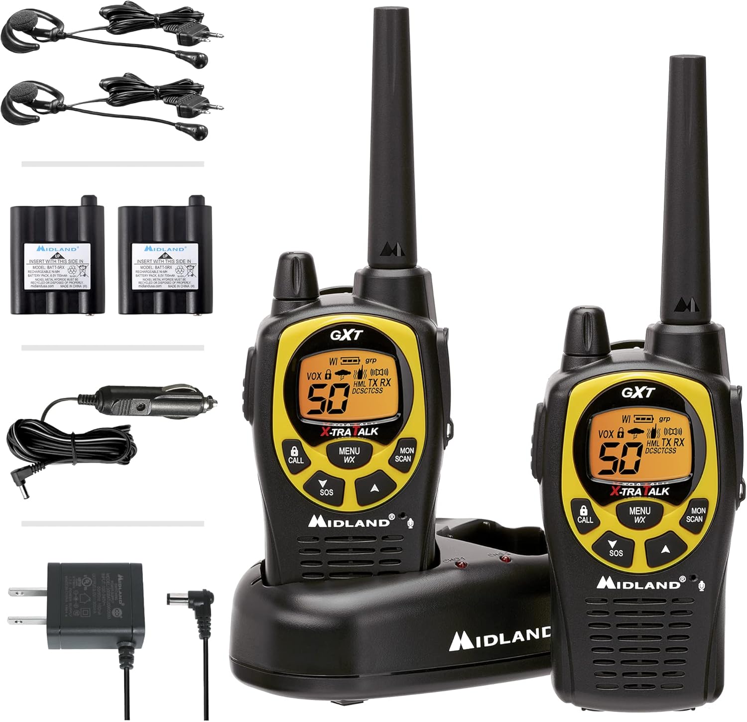 Midland 50 Channel Waterproof GMRS Two-Way Radio - Long Range Walkie Talkie with 142 Privacy Codes, SOS Siren