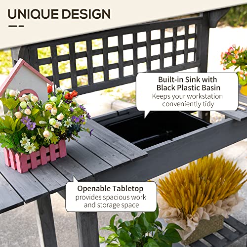 Outsunny Outdoor Potting Bench Table, Wooden Workstation with Sliding Tabletop, Storage Shelf and Dry Sink, for Greenhouse, Garden, Patio, Brown